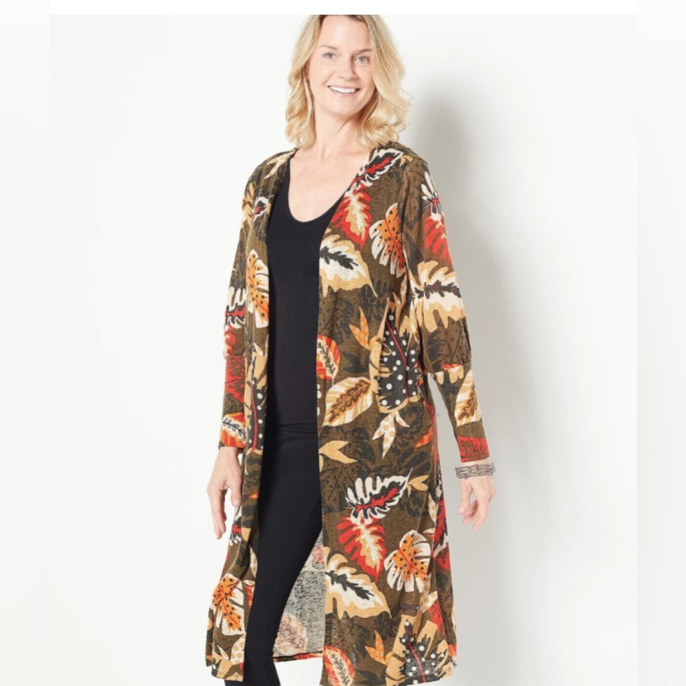 G.I..L.I Palm Leaf Print Knit Cardigan Sweater Duster Sz L